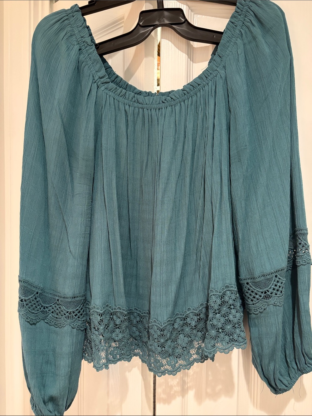 Teal Peasant Blouse with Crochet Hem
